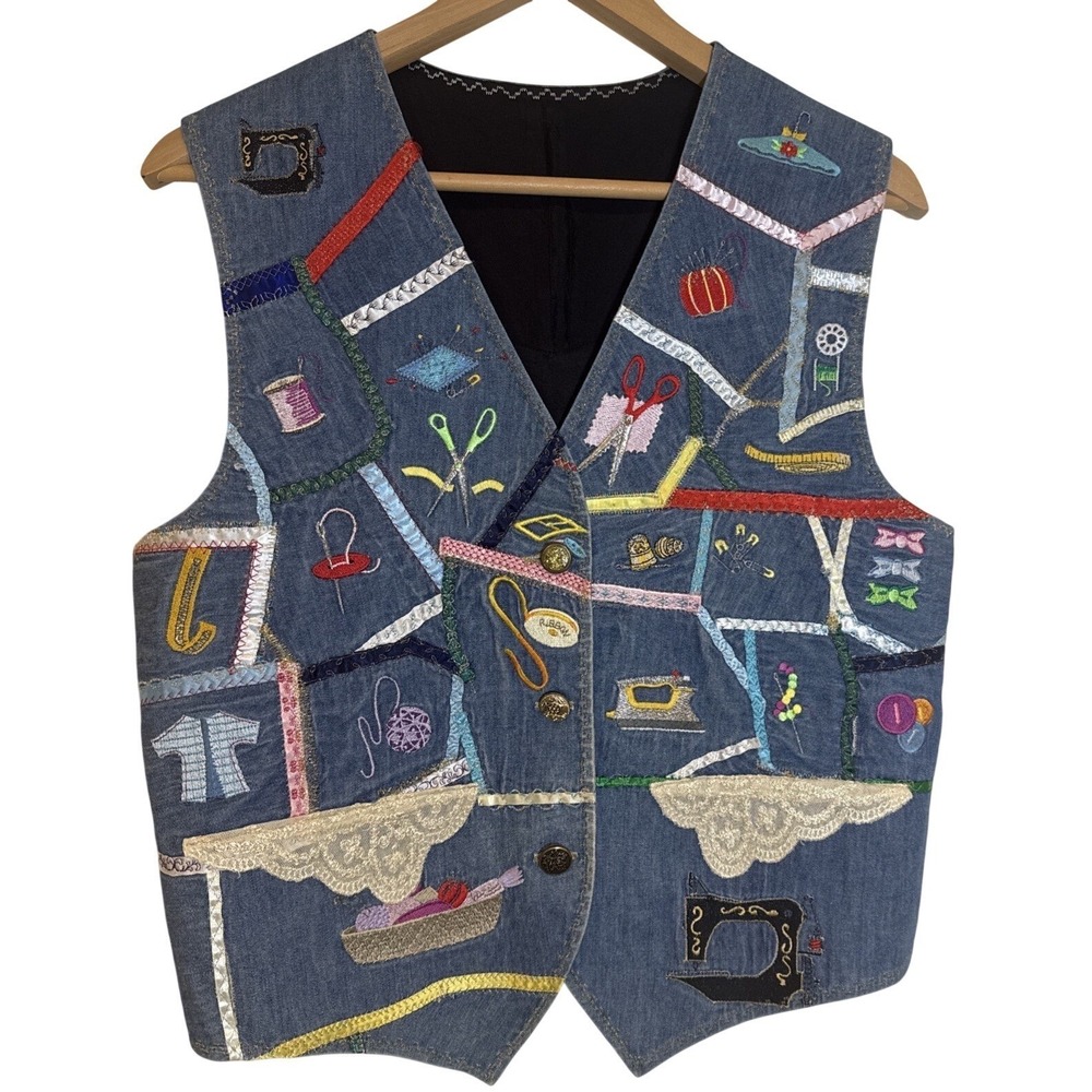 Hand Made Bobbie Brooks Style Embroidery Sewing Theme Denim Vest M / L